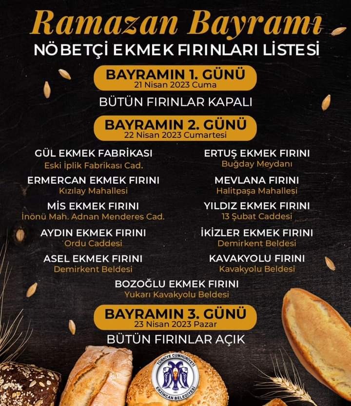 Ramazan Bayramı süresince açık olacak fırınların listesi yayınladı